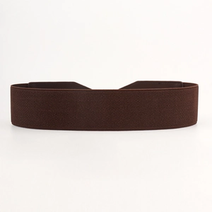Macro detail of high elasticity dark brown wide waist belt with knit fabric texture