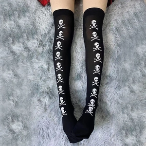 Over The Knee Thigh High Socks Halloween Gothic Skull Blood Spiderweb Bat Pattern Bowknot Cosplay Cotton Blend Women