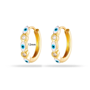 Bohemian 12mm gold hoop earrings with white enamel evil eye charms and clear cubic zirconia