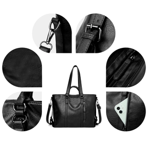 Detail view of black lychee grain leather tote bag with gunmetal grey hardware and strap