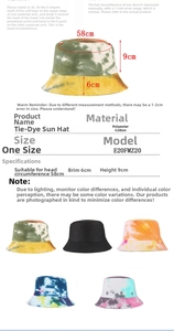 Size chart for tie-dye cotton sun hat showing 58cm head circumference and 6cm brim dimensions