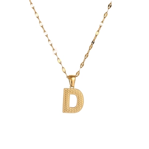 Gold stainless steel necklace with textured capital letter D pendant on white background