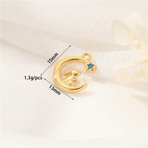 Detail of 14K gold moon star rabbit charm with blue zircon, 15mm size for DIY jewelry