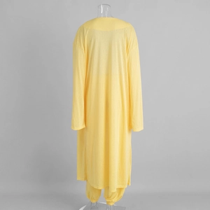 Detail view of the lightweight bright yellow longline tunic and matching jogger pants set