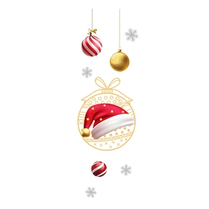 Christmas window stickers set with red hats, golden balls and white snowflakes decor