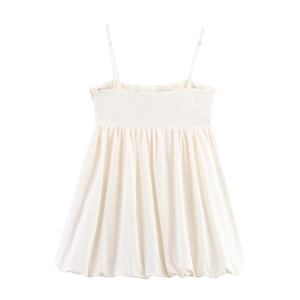 Off-white mini dress with thin straps, textured fabric and puffy hem in minimalist style