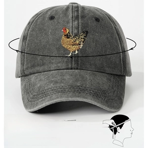 Unisex washed dark gray denim baseball cap with rooster embroidery and size guide
