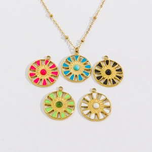 Colorful sunflower necklace set with 14K gold plated chain and enamel sunburst pendants