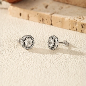 Vintage S925 sterling silver hexagonal halo stud earrings with round cut center stone