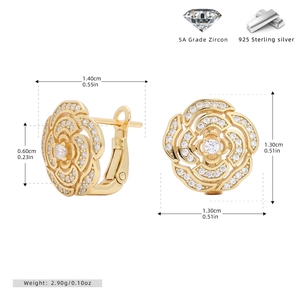 Detailed dimensions of gold S925 sterling silver flower earrings with zircon stones