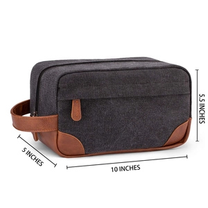 Detailed dimensions of canvas toiletry bag: 10 x 5 x 5.5 inches for travel storage.