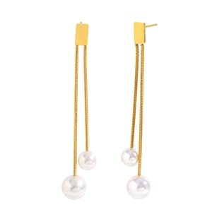 18K gold plated stainless steel geometric tassel earrings with white pearls