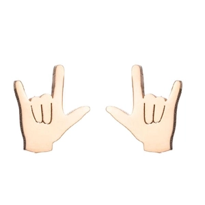 Detail of wooden I Love You gesture stud earrings showing natural wood grain texture