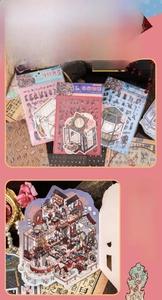 Macro shot of 3D PET layered stickers with traditional oriental landscape and floral motifs