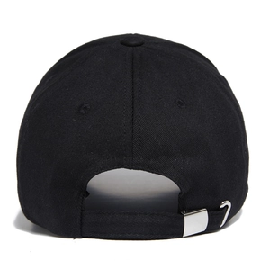 Rear view of black baseball cap with adjustable silver metal buckle and fabric detail