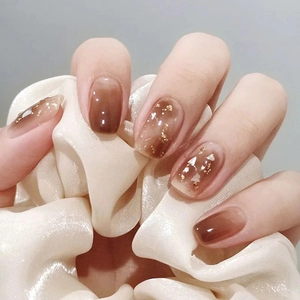 Amber Brown Ombre Press On Nails Short Square Gold Foil Shimmer Manicure False Nail Tips For Women Elegant Daily Wear