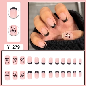 Pink and black French press-on nails with bow designs, 24 pieces set in style Y-279