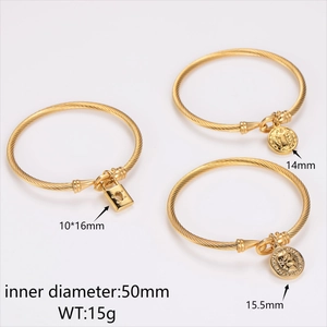 Gold twist rope bangle with lock and coin pendants, 50mm diameter stainless steel jewelry