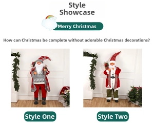 Detail of standing Santa Claus dolls in red and grey festive outfits for holiday decoration