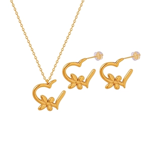 Titanium Steel Jewelry Necklace And Earrings Heart Shape Flower Hollow Design Gold Plated Fashion Accessories For Women