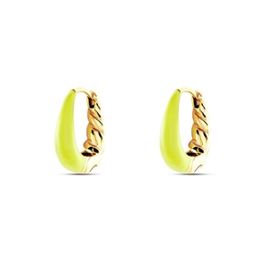 Close-up of S925 sterling silver twist hoop earrings with light green enamel and gold finish