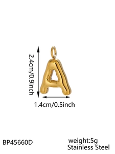 Detail showing 14K gold plated bubble letter A necklace dimensions and stainless steel material