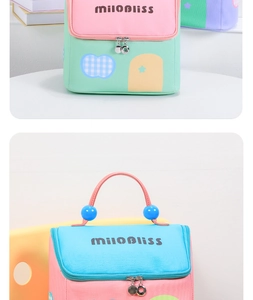 Detail of multi-color block canvas toiletry bag with durable handle and logo print