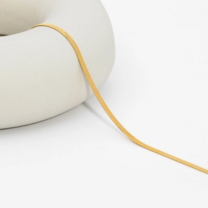 Macro detail of golden snake bone chain necklace in minimalist titanium steel style