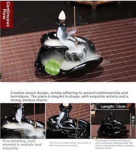 Detail view showing dimensions 12cm by 8cm of the black ceramic backflow incense burner