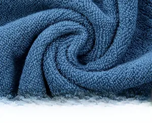 Macro shot of blue pure cotton towel showing uniform loops and soft texture details