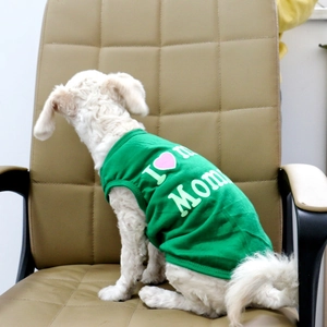 Close-up of green pet vest featuring I Love Mom print and pink heart for small dogs