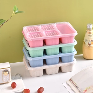 Eco-friendly wheat straw bento boxes with 6 compartments and lids in four pastel colors