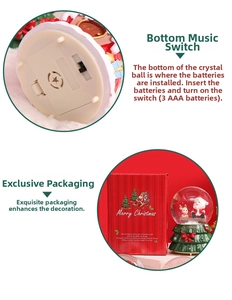 Detail of Christmas snow globe music box base showing switch and battery compartment