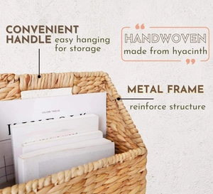 Detail of handwoven hyacinth storage basket showing metal frame and convenient handle