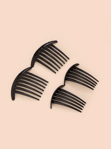Set of four glossy black plastic hair combs showing curved side combs for hair styling