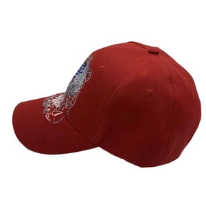 Detailed side view of a red cotton baseball cap with eagle and USA flag embroidery