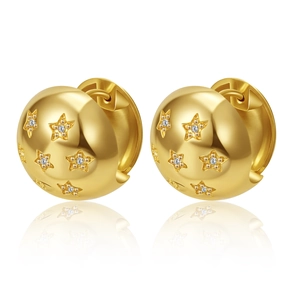 Polished gold star hoop earrings with clear zircon insets and reflective finish