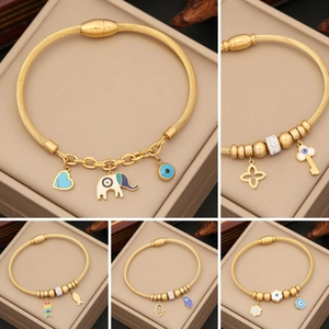 Evil Eye Elephant Hamsa Hand Charm Bracelet Stainless Steel Enamel Rhinestone Gold Color Twist Rope Bangle For Women