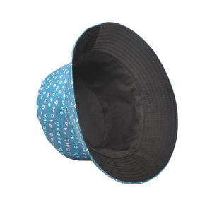 Reversible blue bucket hat with pink letter print and solid black lining for outdoor wear
