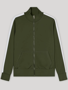 Detail of olive green sports cardigan with white sleeve stripes and stand-up collar