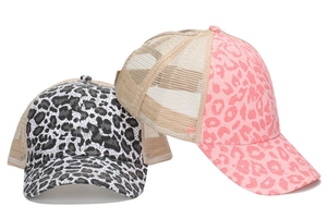 Detail of leopard print baseball cap with mesh back and ponytail opening feature