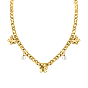 Collier Pendentif Papillon Acier Titane Chaîne Épaisse Avec Künstliche Perles Fantaisie Style Streetwear Bijoux Plaqués Or 18K Femmes