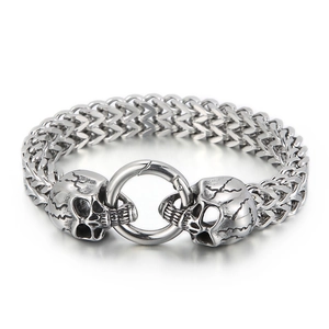 Punk style stainless steel skull bracelet with thick heavy chain for men in silver