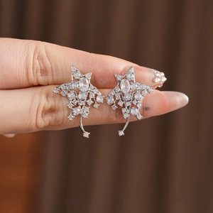 Detailed close-up of silver star earrings with zircons and elegant metal tassels