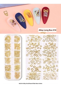 Detailed view of 12-grid nail art kit with gold alloy rivets and mixed geometric charms