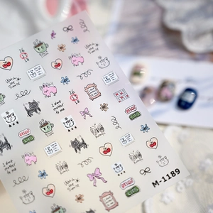 Minimalist hand-drawn embossed nail stickers featuring cats, hearts, and cute motifs