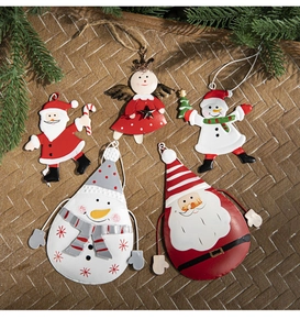 Detailed view of 5-piece painted metal Christmas ornaments with Santa and Snowman
