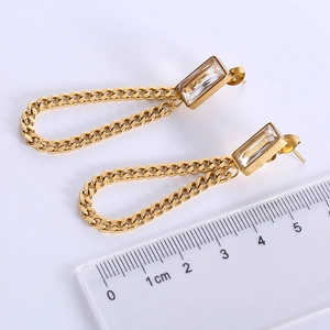 18K gold plated stainless steel chain drop earrings with rectangular zircon stones
