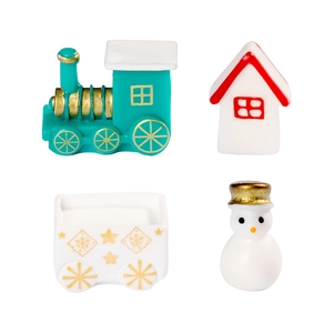 Miniature Christmas resin figurine set featuring a snowman, train, and holiday house