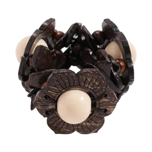 Retro ethnic style bracelet with dark coconut shells and ivory beads with flower carving